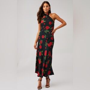 For Love And Lemons Astoria High Neck Black and Red Floral Maxi Dress